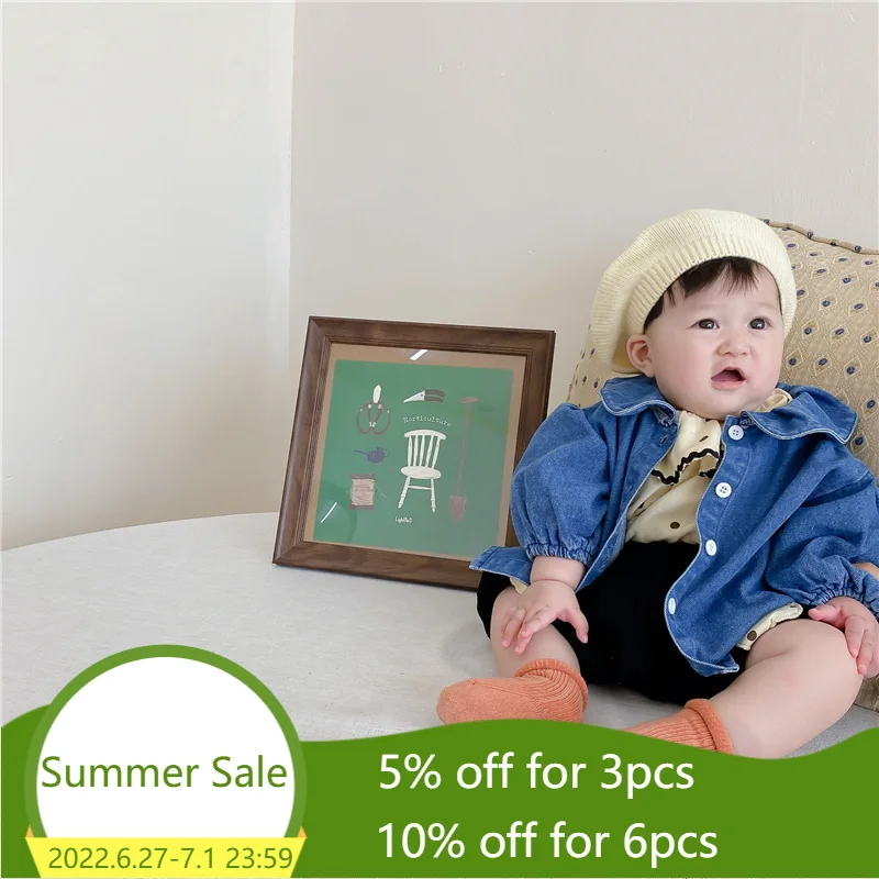

2021 Korean Style New Autumn Baby Girls Sets Peter Pan Collar Dot Top Shirts+Shorts+Denim Blue Coat Children Clothes E5246
