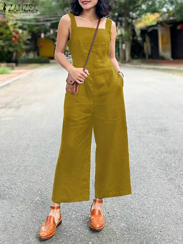 

Women Summer Jumpsuits 2022 ZANZEA Vintage Solid Overalls Casual Suspender Playsuits Female Holiday Rompers Wide Leg Pants