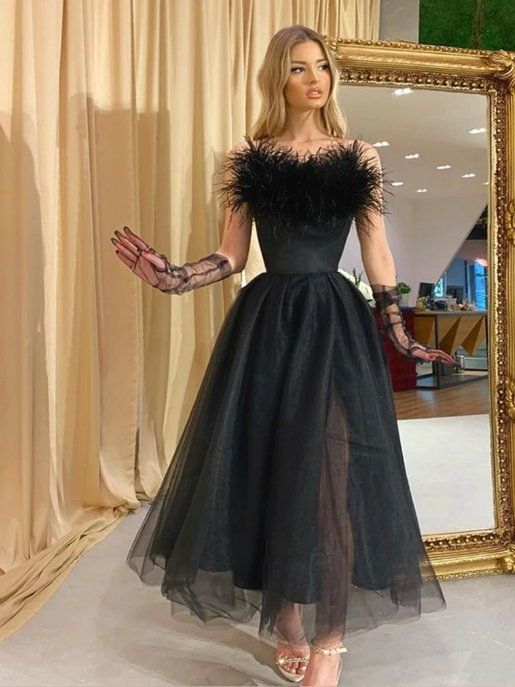 PLEINDI Luxury Evening Dresses Boat Neck Sleeveless A-shaped Tea-Length Lace 2022 New of Ruched Exquisite Prom Dress Women