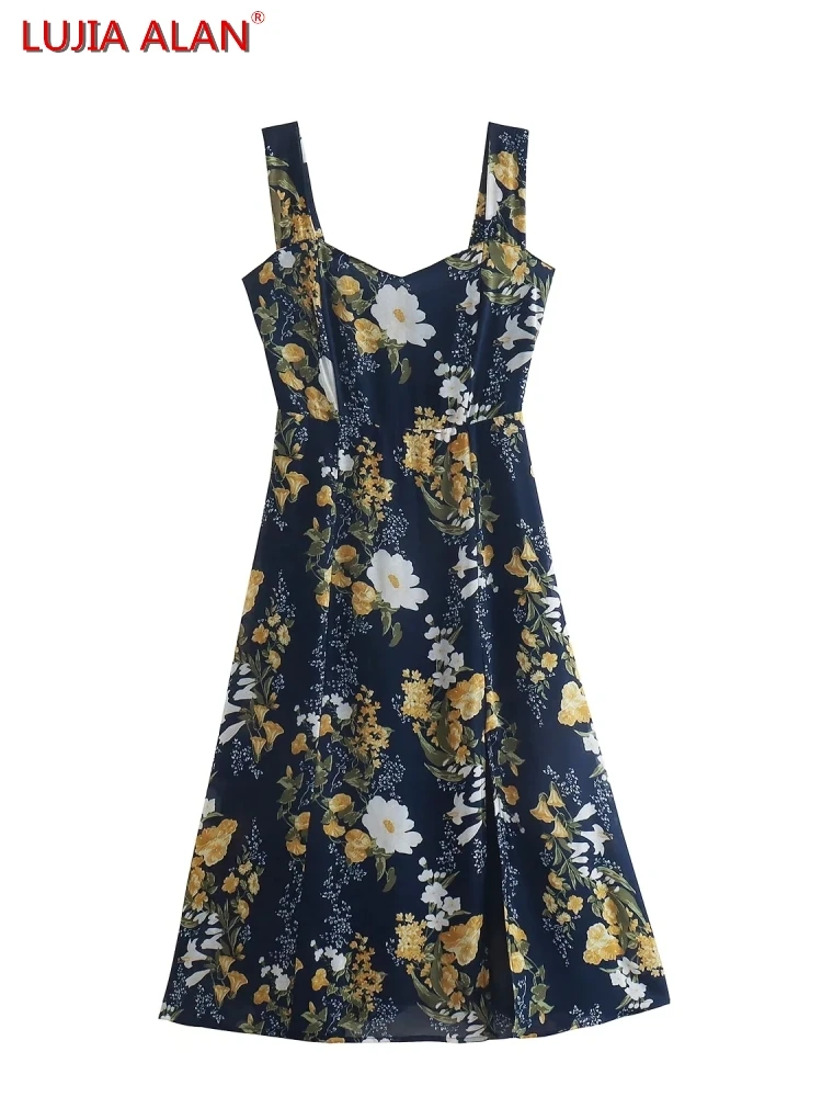 

Women Vintage Flower Print Chiffon Side Slit Sling Dress Summer Female Midi Vestidos LUJIA ALAN D9652