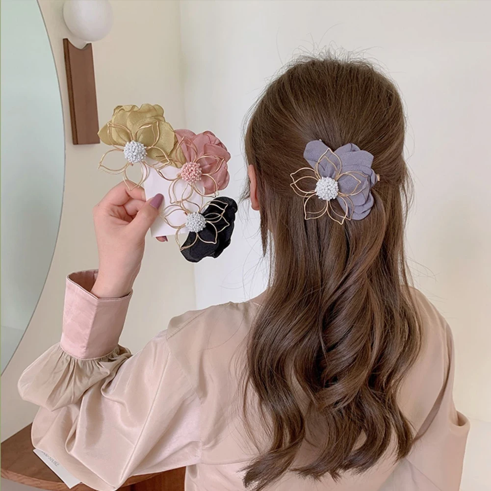 

Women Vintage Elegant Hollow Out Metal Flower Cloth Petal Hairpins Sweet Side Hair Decorate Hair Clips Barrette Hair Accessories