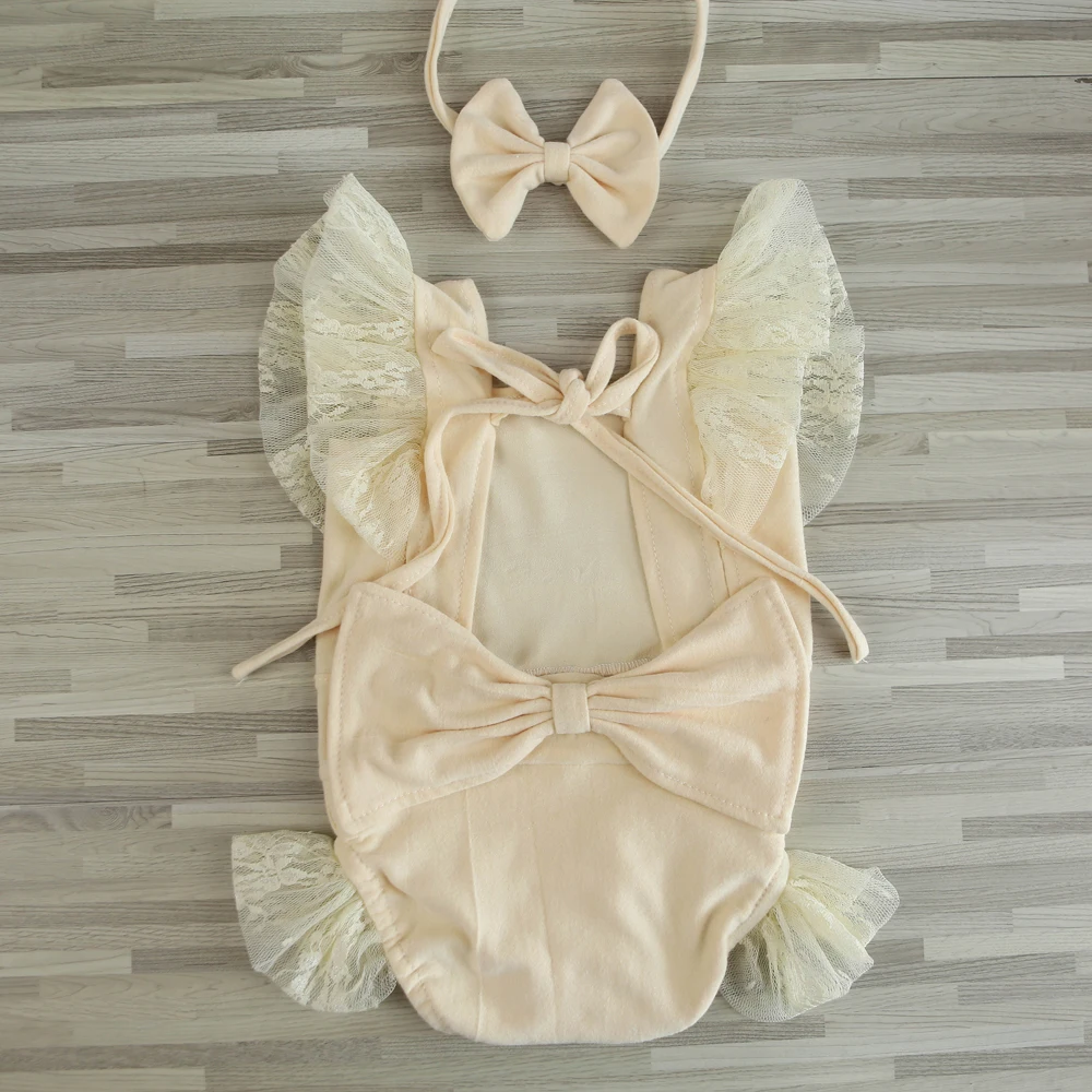 

Newborn Photography Props Clothing Butterfly Headband+Romper 2Pcs Set Baby Girl Photo Accessories Shoot Outfit Bodysuits Beige