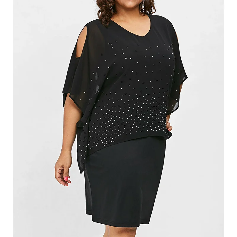 Hot Drill Hollow Out Black Fashion Summer Clothes for Women V-Neck Patchwork Flying Sleeve Pullover Plus Size Irregular Dresses