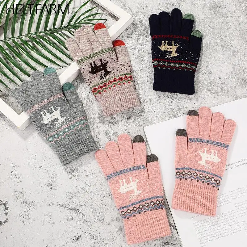 

Модные вязаные плотные перчатки для мужчин и женщин, теплые осенне-зимние перчатки с принтом рождественского оленя, закрывающие пальцы, пер...