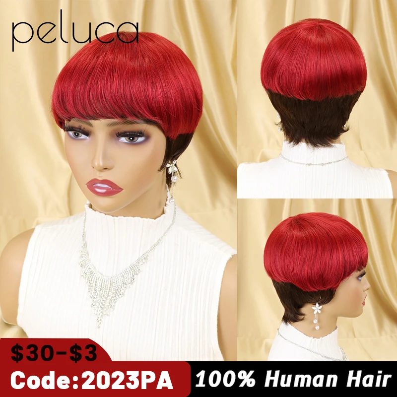 

Short Bob Pixie Cut Human Hair Wig With Bangs For Women Natural Colored Brazilian Remy Machine Made Wigs 150% Density