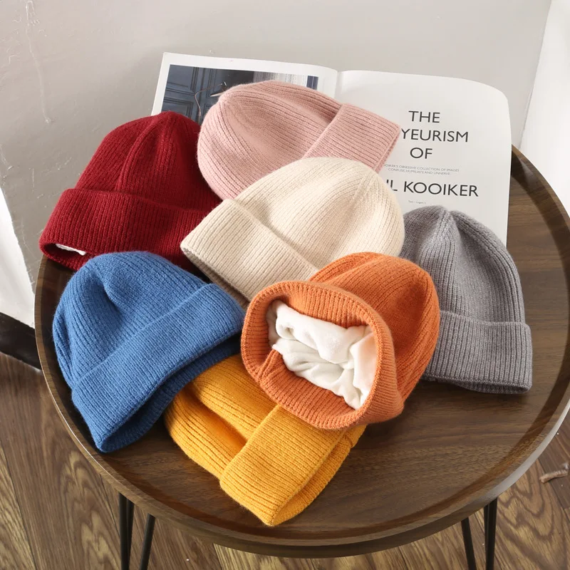 

Winter solid color fleece warm knitted hats for women outdoor riding cold knitted hats for men autumn windproof beanie white cap