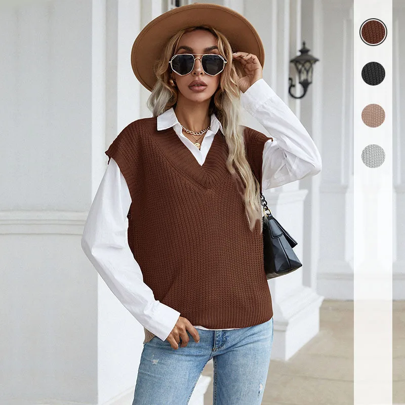 

Fashion Women Soild Colour V Neck Loose Knit Sweater Vest Ladies Casual Autumn Sleeveless Pullover Tops Warm Sweater Vest