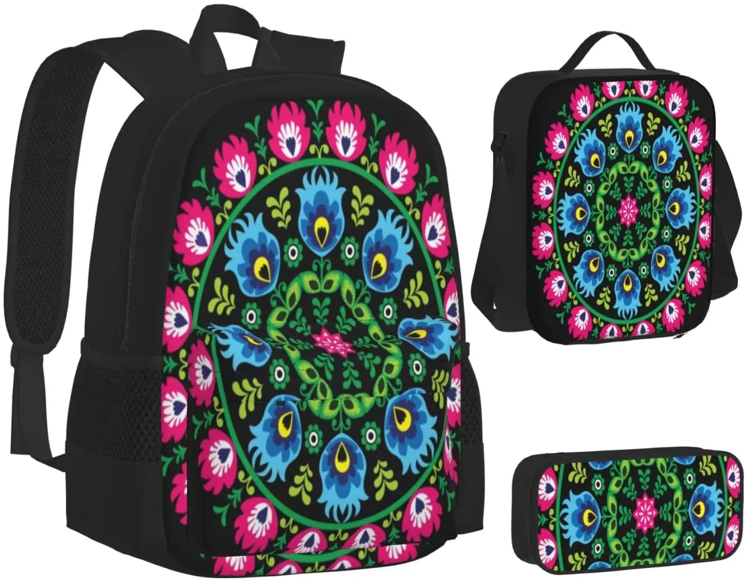 Polish Traditional Circle Folk Art Schoolbag Travel Bag Casual Daypack Lunch Bag Pencil Case for Boys Teens Girls 3pcs Sets