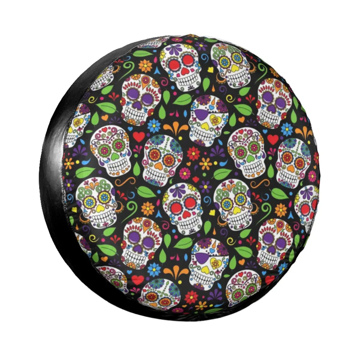 

Colorful Sugar Skull Flower Black Pattern Spare Tire Cover Case Bag Pouch Mexican Day of the Dead Wheel Covers for Suzuki