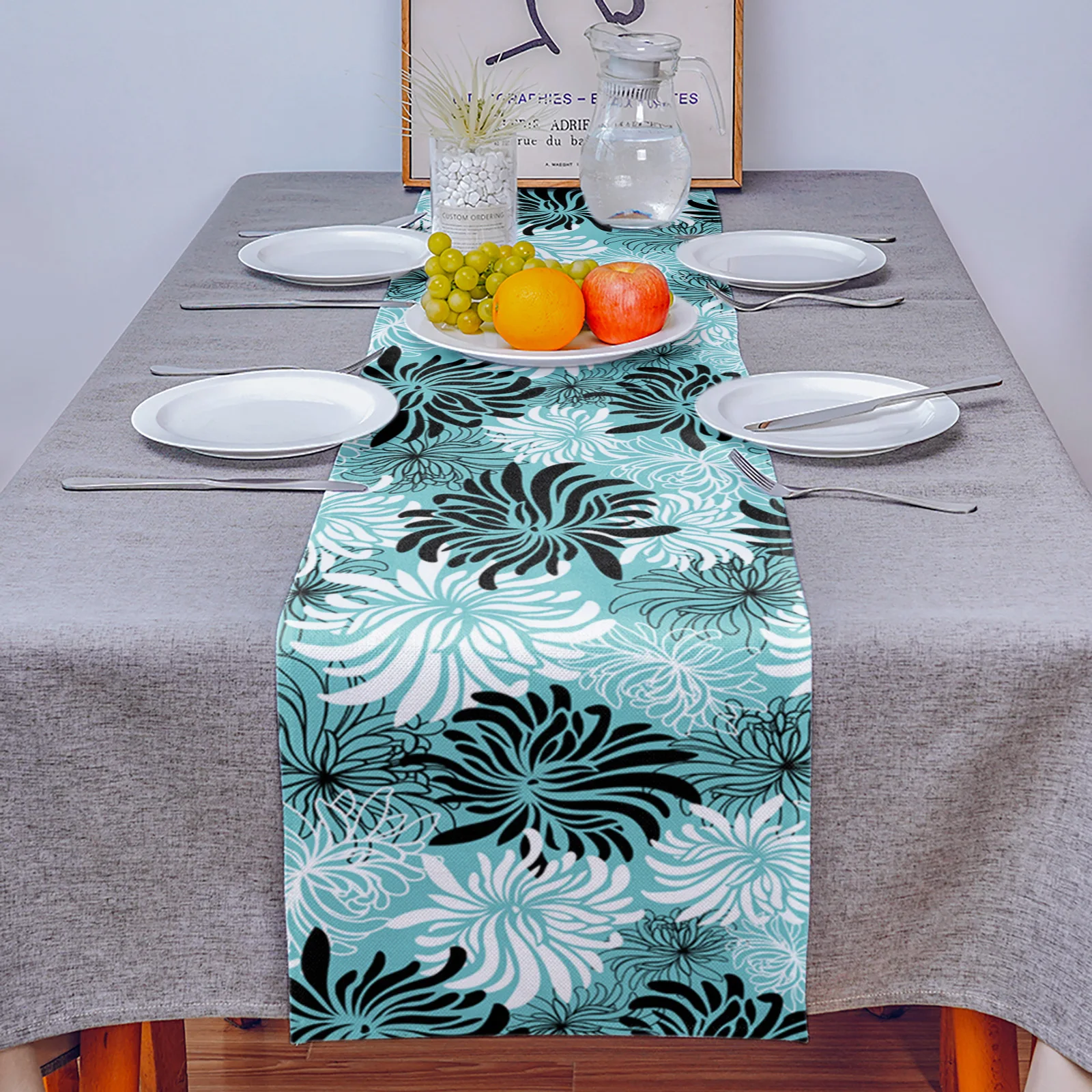 Светло-зеленая Хризантема черно-белая текстура Ретро Настольная дорожка