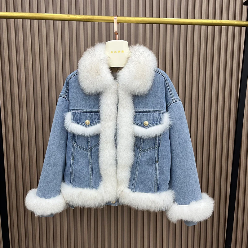 

Winter Women's Denim White Duck Down Jackets With Natrual Real Fox Fur Collar Lady Korean Fashion Luxury Female Coats Outwear