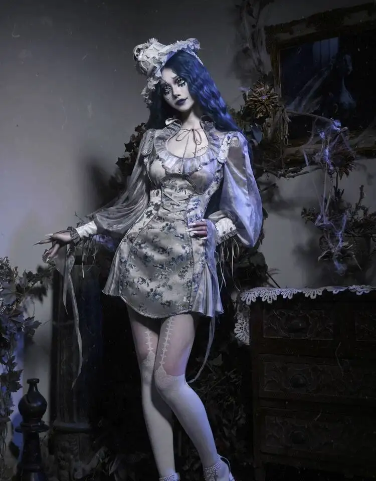Фото Готическая блузка из прозрачной сетки с пышными рукавами-фонариками в стиле «Свадьба мертвецов» для вечеринки на Хэллоуин, европейский стиль, осенний топ-рубашка №3