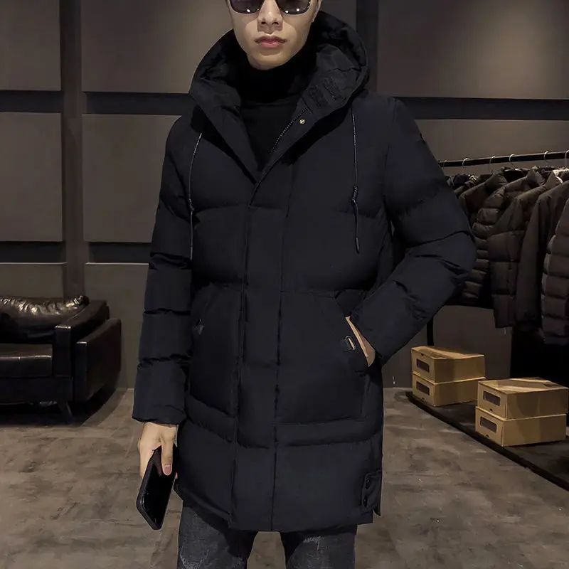 High End New Brand Casual Fashion Long Mens Down Cotton Jacket with Hood Black Windbreaker Parkas Coats Winter Mens Clothes E696