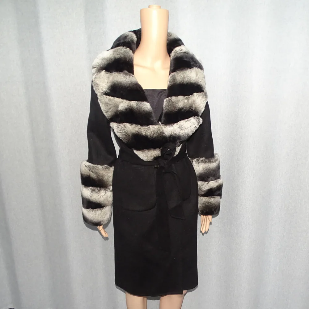 100% Wool Jacket Women Winter Real Fur Coat Lexus Rex Rabbit Fur Collar Long Black Coat Fashion Warm Lady Streetwear