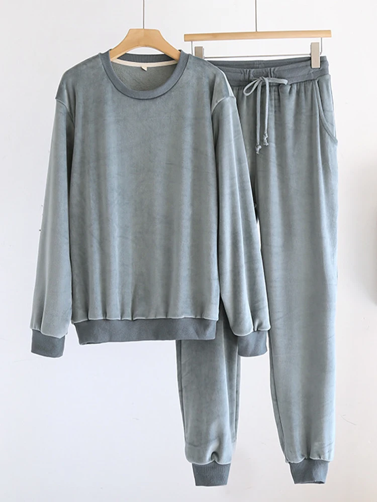 Мужская бархатная одежда для сна с длинными рукавами и круглым вырезом комплект