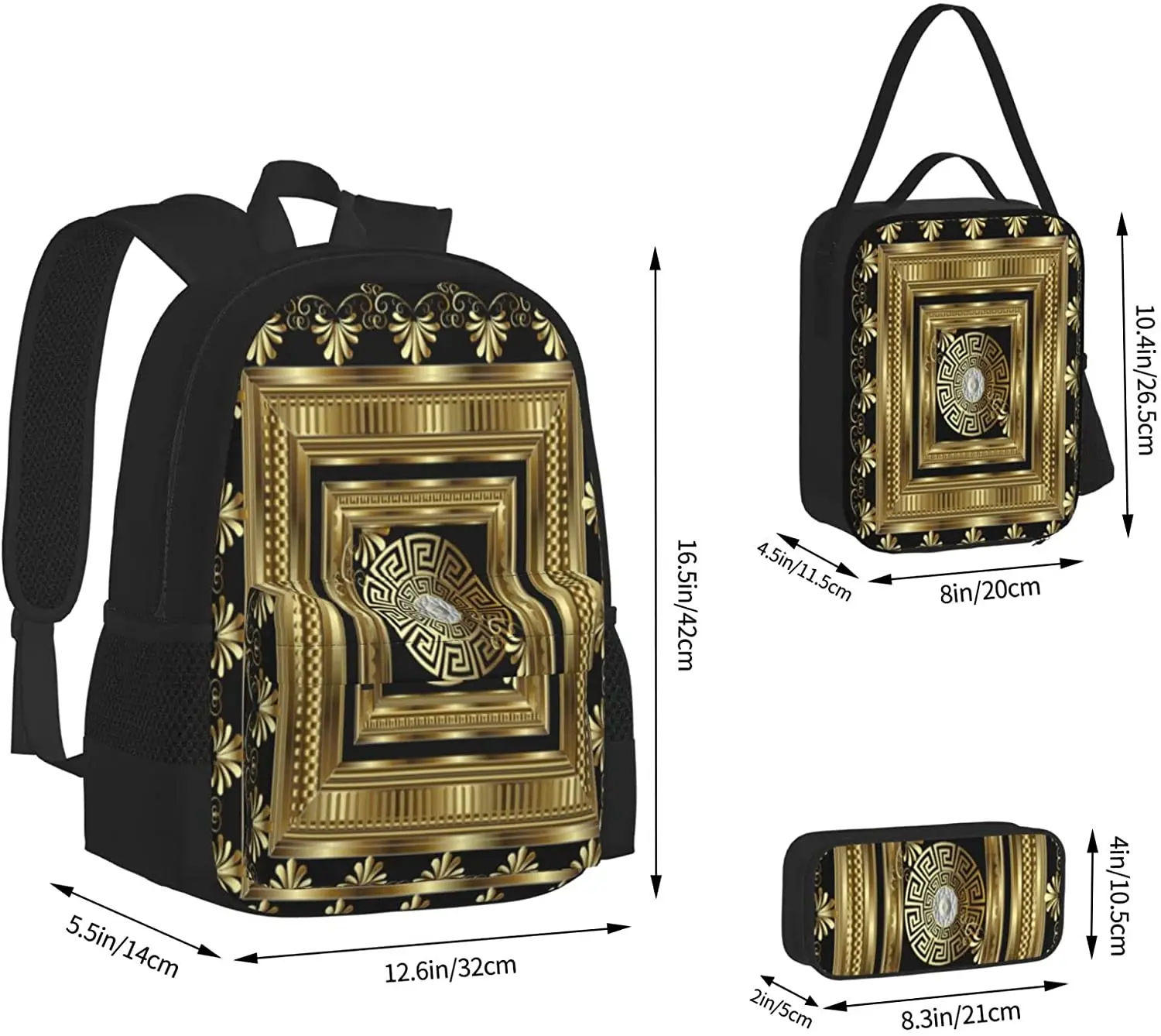 Luxury Gold  Geometric Greek Key Table Schoolbag Travel Bag Casual Daypack Lunch Bag Pencil Case for Boys Teens Girls 3pcs Sets