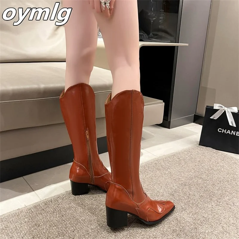 Осень/Зима 2023 длинные ковбойские ботинки с V-образным вырезом женские на толстом