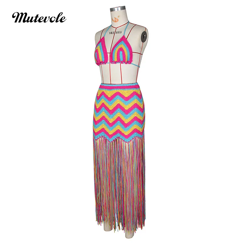 Комплект из юбки и бюстгальтера с бахромой в полоску