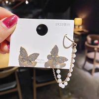 korean asymmetrical butterfly drop earrings for women trendy pearl chain shiny rhinestone earring girl party trendy jewelry gift