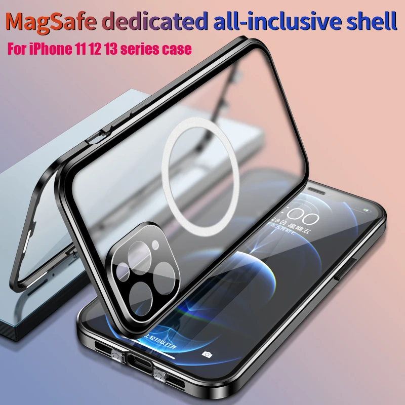 Magnetic Metal Flip Case for iPhone 14 13 Pro Max 12 Magsafing Wireless Charger Full Tempered Glass Transparent Cover Protector