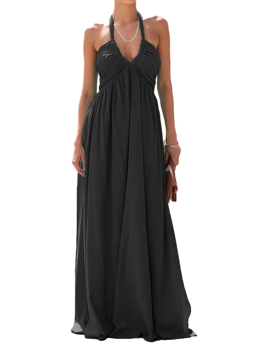 Женское летнее повседневное длинное платье однотонное праздничное с лямкой на