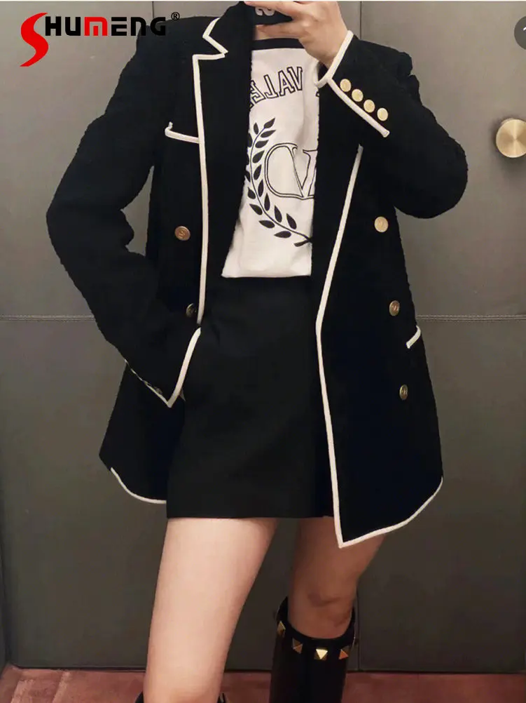 

New Ladies Trendy Black Loose Lapels Long Sleeve Short Suit Jacket Women 2023 Spring Fashion Elegant Classic Style Tweed Coat