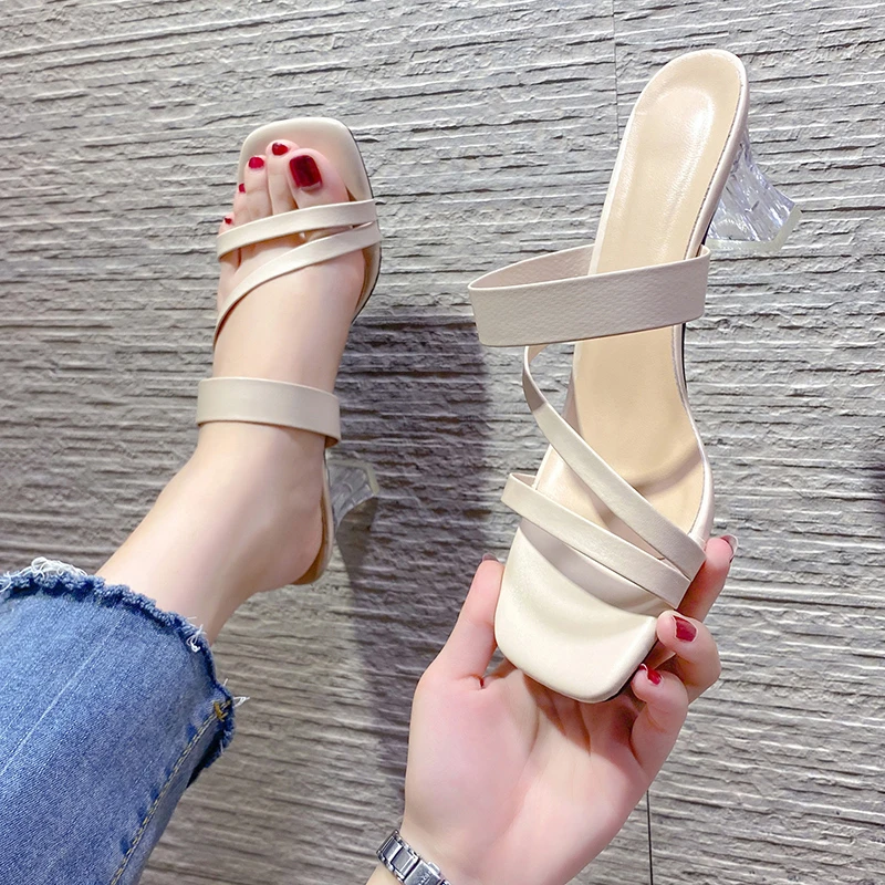 

Fashion Transparent Women Summer New Comfortable Latex Tape Hollow High-heel Sandals Crystal Thick Heels Party Slippers