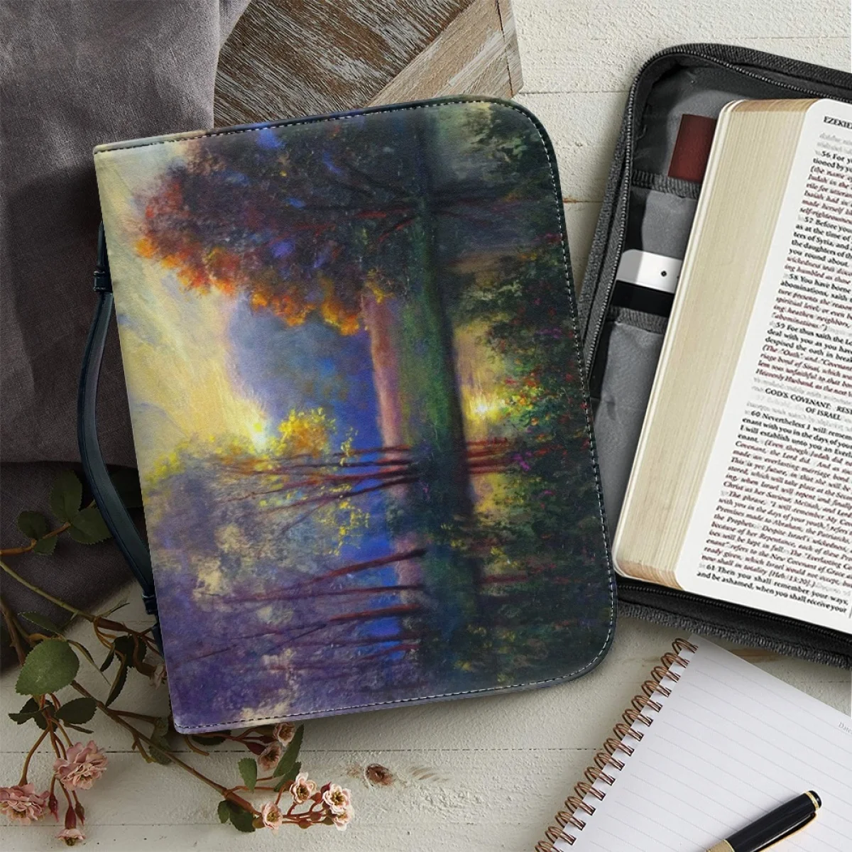 

FORUDESIGNS Leather Bible Cover Case Oil Painting Landscape Design Storage Bags Ladies Handbags Zippered Handle Bible Carrying