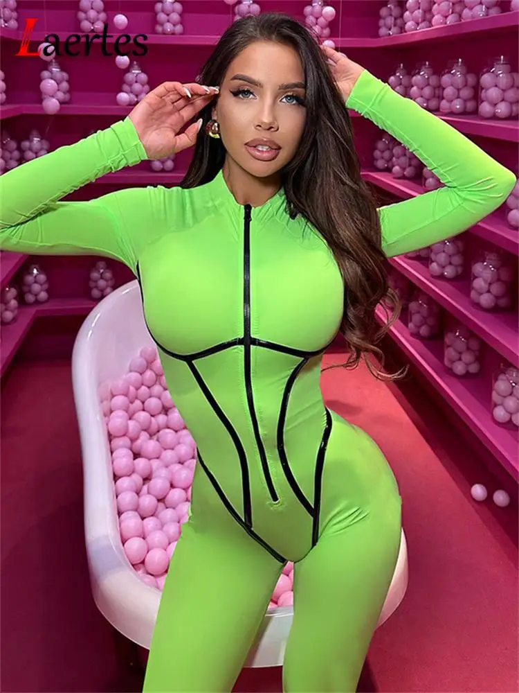 

Laertes 2023 осенне-зимние облегающие Комбинезоны на молнии из искусственной кожи в полоску с длинным рукавом Комбинезоны леггинсы цельный спортивный женский комбинезон для фитнеса