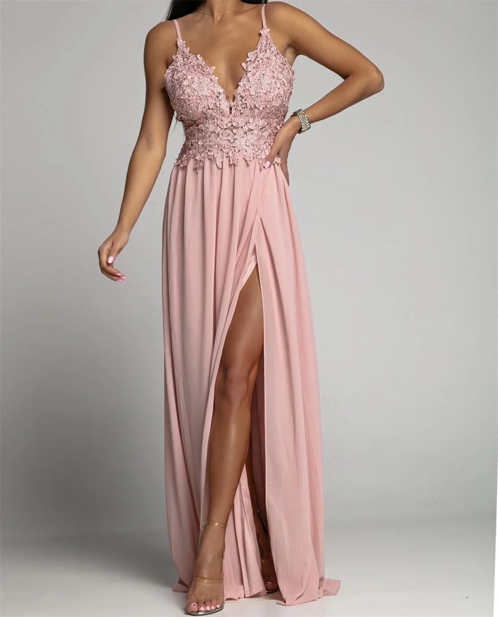 Sexy Women V-neck Maxi Dress 2023 New in Satin Applique Spaghetti Long Dress Elegant Prom Party Graduation Dresses