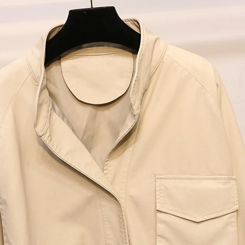 Loose version of women's leather clothing waist cover three-dimensional pocket motorcycle suit leather jacket women's wear