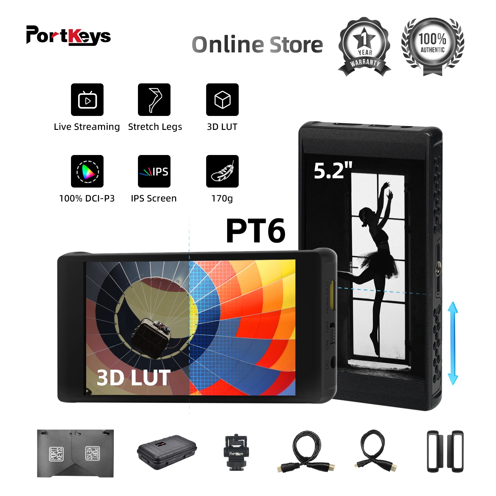 

Portkeys PT6 Live Streaming Camera Field Monitor HDMI 5.2 Inch 600nit Portable Monitor DSLR with Screen Lock Stretch Legs 3D LUT