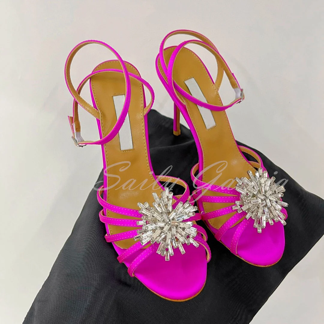 Snowflake Rhinestone High Heel Sandals Women Round Toe Thin Strip Hollowed Out Buckle Strap Sexy Stiletto Pumps