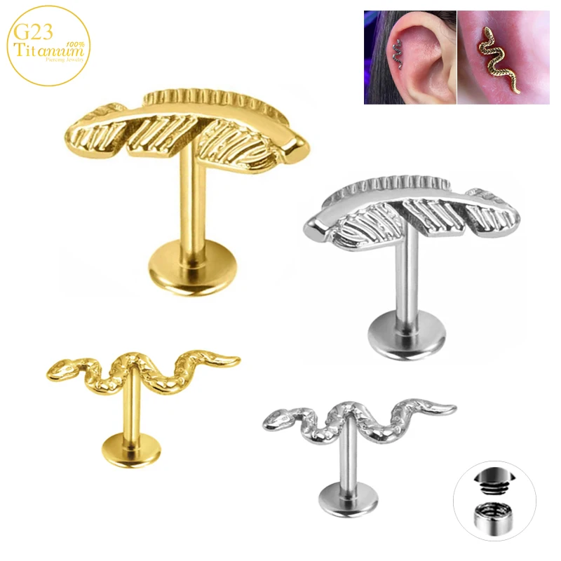 

1Pc F136 Titanium Labret Stud Earrings Internal Thread Snake Shape Ear Stud Lip Piercing Lip Studs Cartilage Tragus Body Jewelry