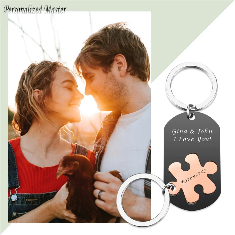 

Personalized Master New Custom Puzzle Keychains Stainless Steel Couple Key Chain Engrave Name Text Valentines Anniversary Gift