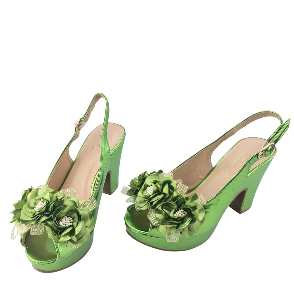 Floral Sandals for Women Runway Designer Pumps Heels 2022 New Arrivals Green Leather Shoes Women Block Heels Chunky Shoes Heel
