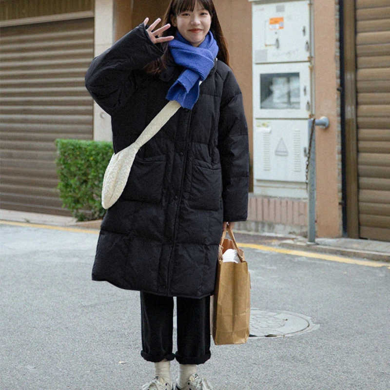 New Parkas Long Cotton Padded Jacket Women's Large Pocket Windproof Buckle Fashion Y2k Academic Style Coats Down Cotton Jacket