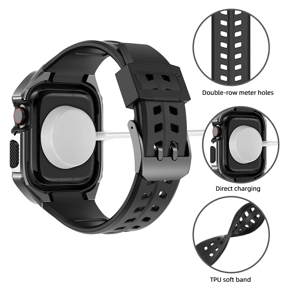 Stainless Steel Case Rubber Strap for iWatch Series 7 44MM 45MM Metal Modification Kit For Apple Watch Band 6 5 4 SE Diy Mod Set