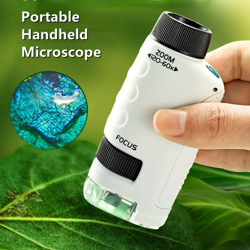 Kids Science Microscope Toy Kit 60-120x Educational Mini Pocket Handheld Microscope with LED Light Outdoor Children Stem Toy