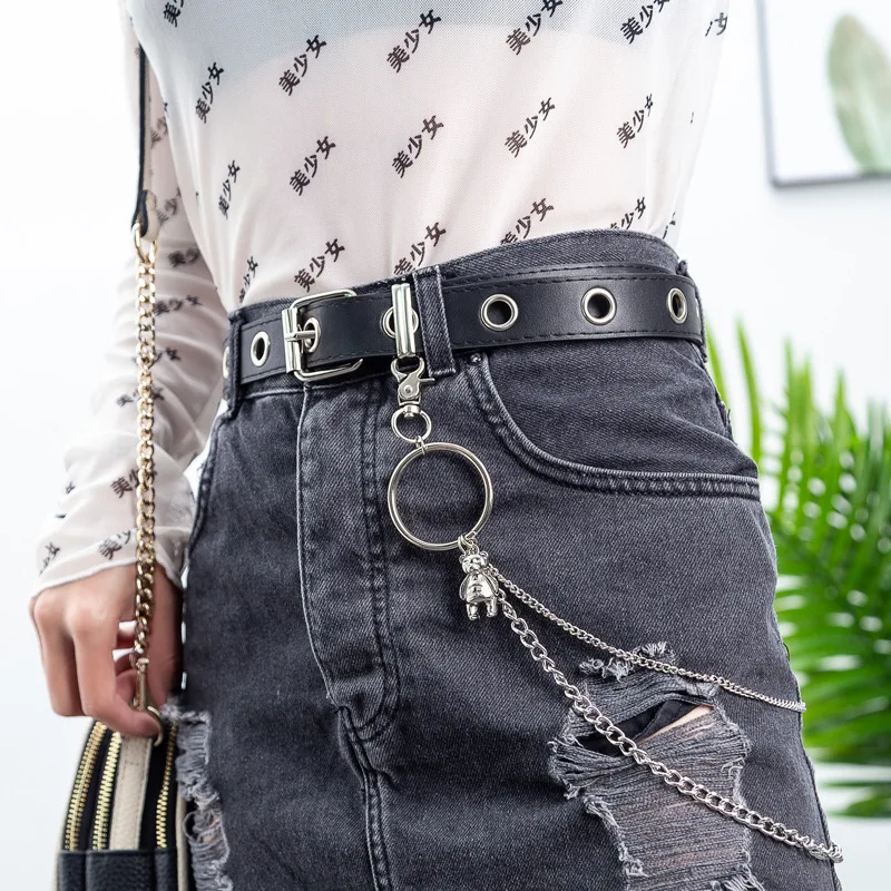 

Punk Women Belts Alloy Grommets Design with Chain Tassel Fashion Girls Black Waist Straps Streetwear
