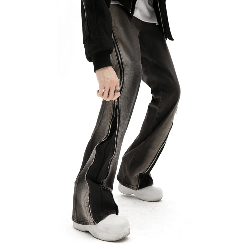 Men Clothing Vintage Hip Hop Baggy Side Zipper Bell-bottoms Versatile Temperament Straight Cylinder Jeans 2022 Winter New Female