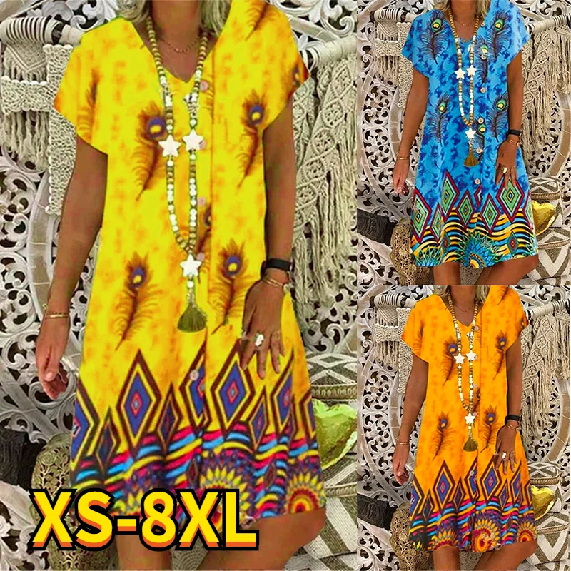 

2022 Summer Women's Abstract 3D Printed Dress V Neck Causal Elegant Dress Knee Length Fashion Painting Dress New 8XL