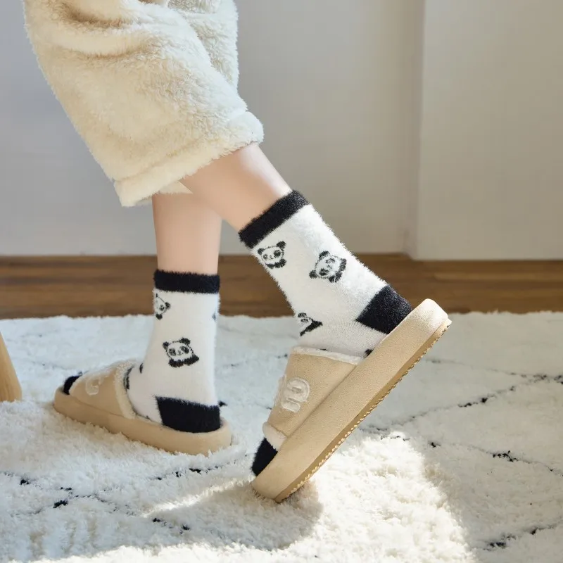 Winter Warm Thick Furry Floor Sleep Socks Set Cute Cartoon Panda Socks for Women Kawai Thermal  Fluffy Girl Middle Tube Socks