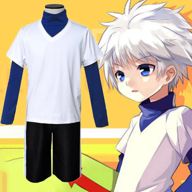 

Hunter x Hunter Killua Zoldyck Cosplay Costume Number 99 Badge Halloween Christmas Party Cosplay Suit Shirt Short White Wig