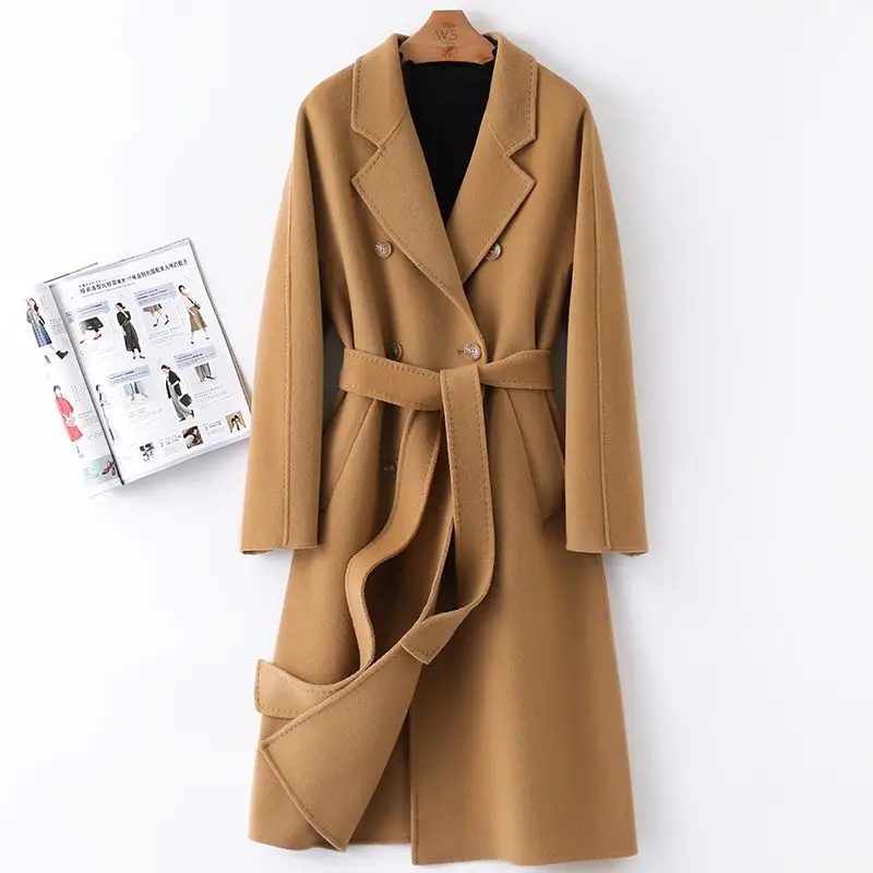 

2022 Women's New Autumn Winter Coats Fashion Woolen Overcoat Female Elegant Solid Thick Coat Cashemre Belt Jackets S59