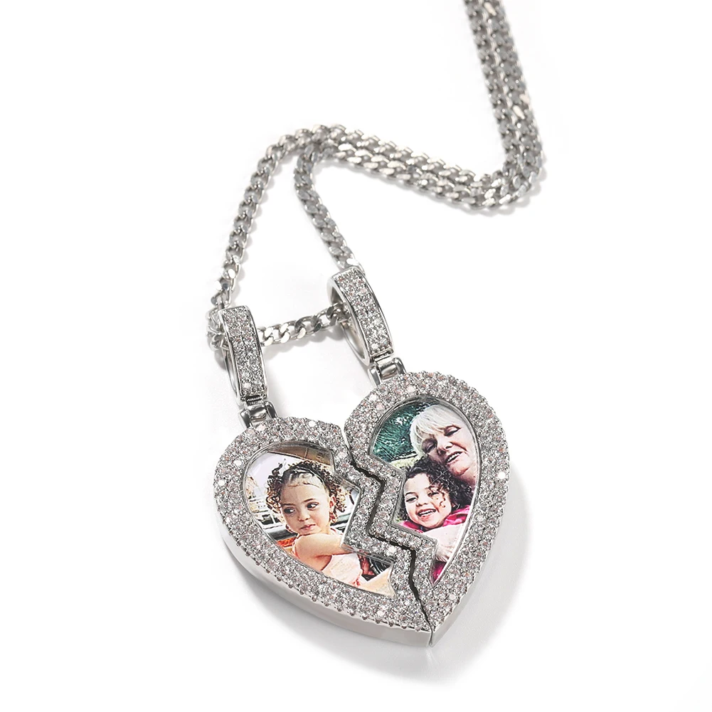 

TopBling Broken Heart Photo Magnetic Frame Pendant 2 Pictures Iced Out Cubic Zirconia Hiphop Jewelry Valentine's Day Gift