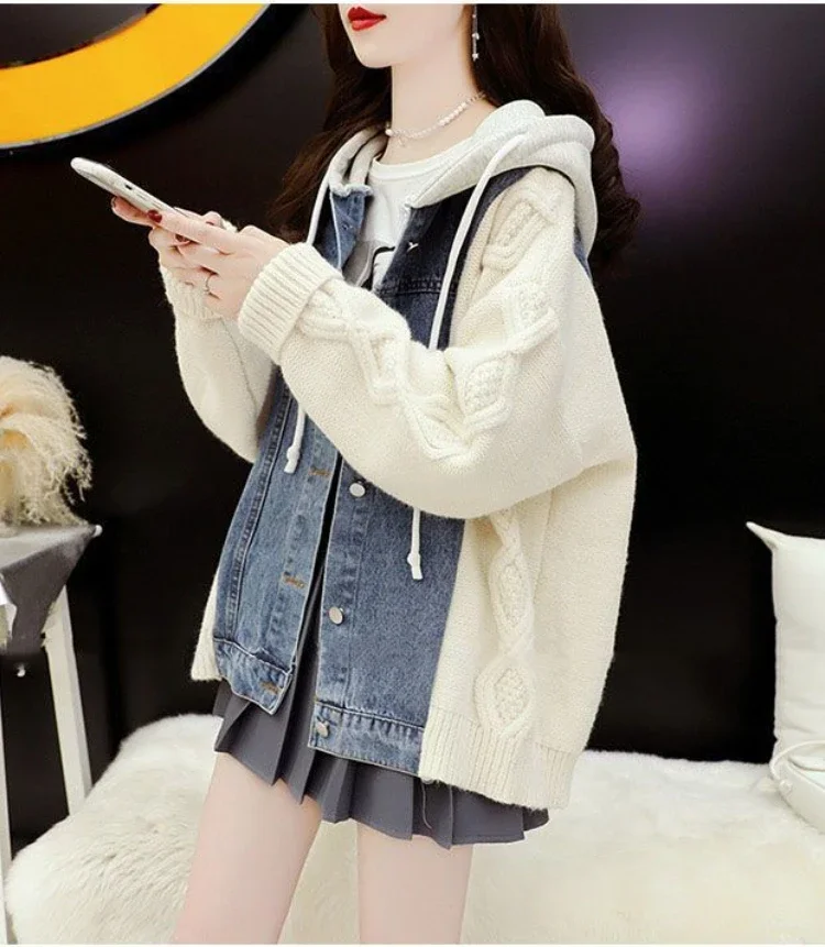 

Женская джинсовая куртка, новый корейский свитер, кардиган, Женский вязаный свитер, свободная джинсовая куртка, джинсовая куртка для женщин на осень и зиму