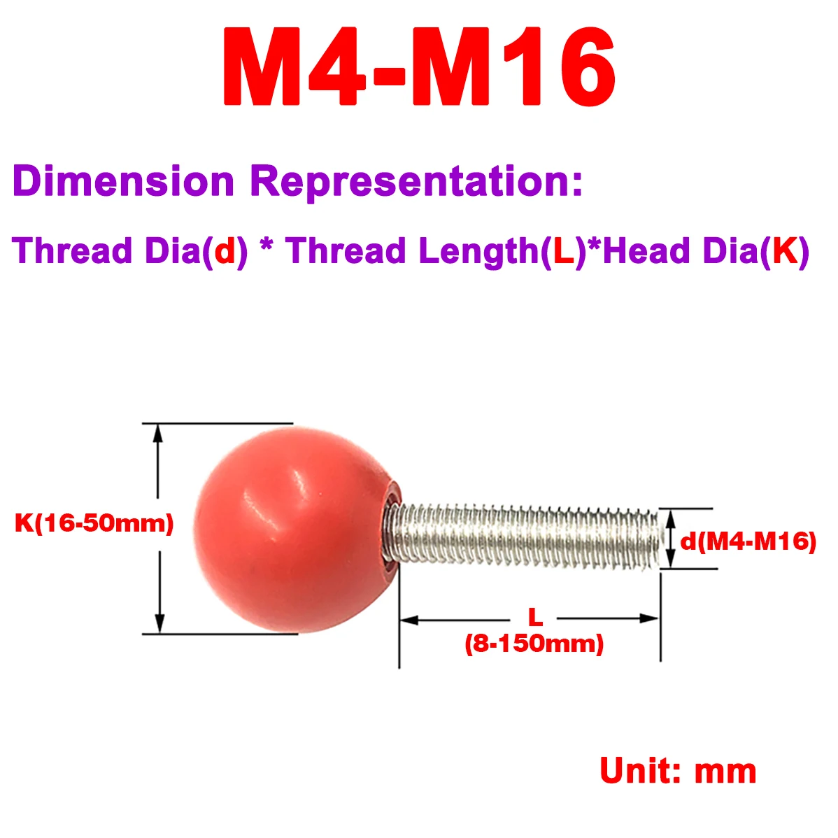 

304 Stainless Steel Ball Head Handle Screw / Ball Bolt / Bakelite Plastic Round Ball Hand Screw M4-M16