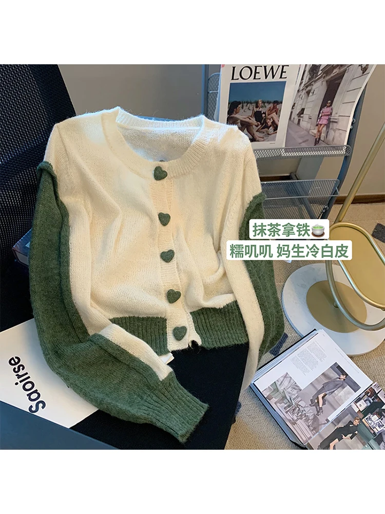 

Women Contrast Color Crew-neck Vintage Green Patchwork Knitwear Heart Button Long Sleeve Female Knitted Cardigan Sweater Chic