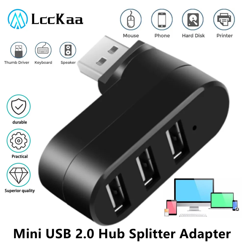 

LccKaa Rotate Mini USB Hub 2.0 Adapter High Speed U Disk Reader Splitter 3 Ports USB 2.0 for Computer PC Laptop Mac Accessories